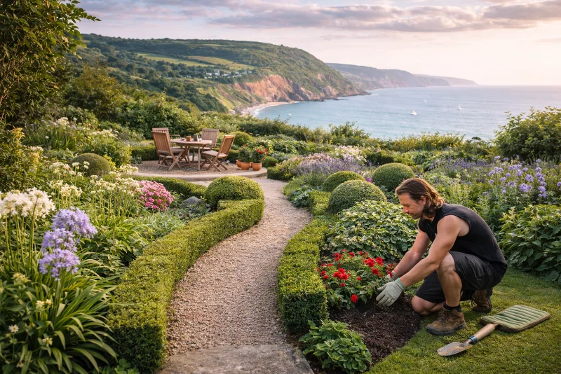 Professional gardener using battery-powered tools in an East Devon garden