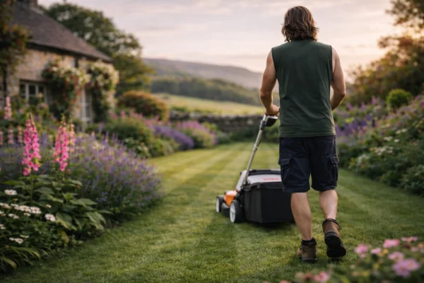 Lawn mowing service in East Devon - freshly cut striped lawn
