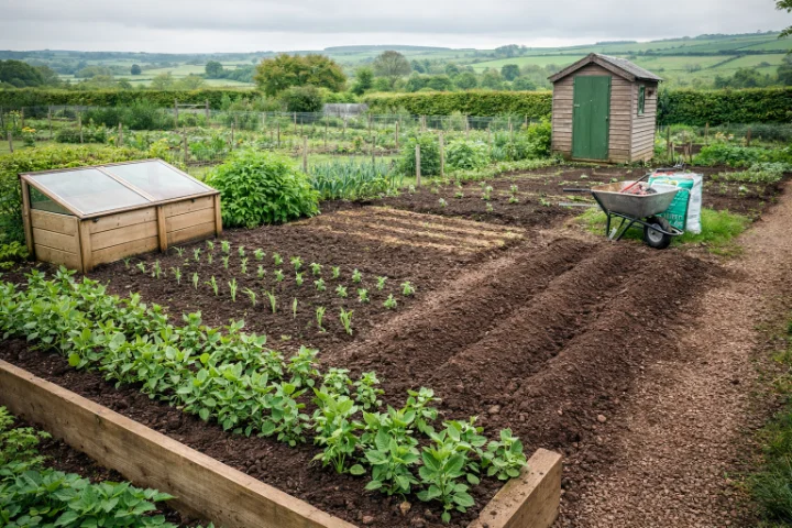 Well-maintained allotment plot with rows of vegetables and a garden shed in East Devon