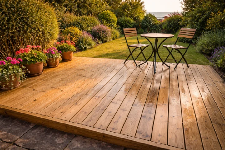 Wooden garden decking after pressure washing, clean timber grain visible, Devon garden