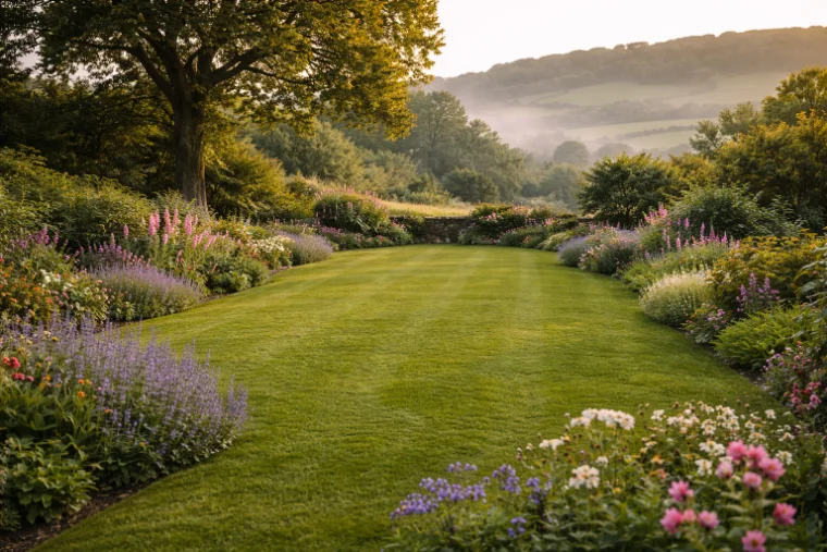 Well maintained lawn in a Devon garden with herbaceous borders and valley views
