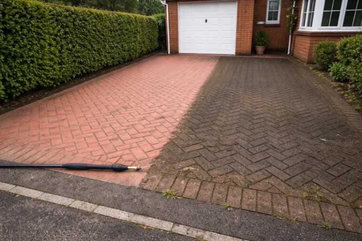 Block paving driveway being cleaned by pressure washer in East Devon