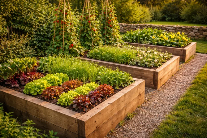 Timber raised beds full of organic vegetables in an East Devon garden