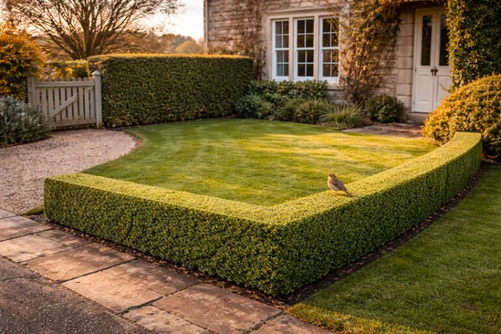 Freshly cut formal hedge in a Devon cottage garden with clean lines and gathered clippings