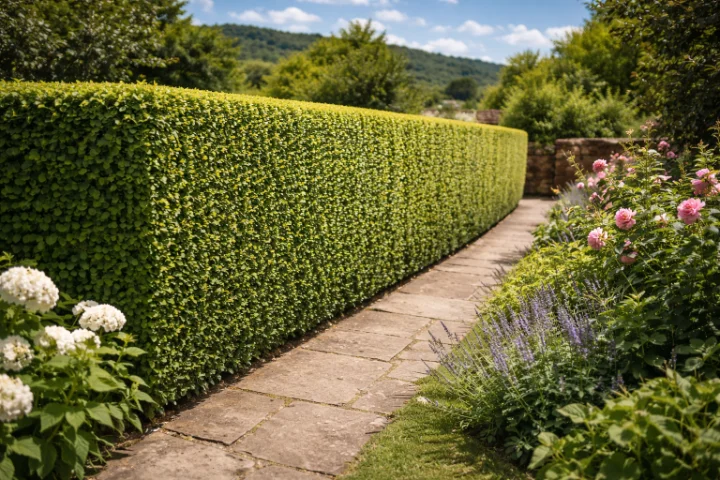 Neatly trimmed privet boundary hedge along a Devon garden path