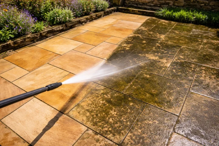 Sandstone patio being pressure washed showing half cleaned and half dirty in an East Devon garden