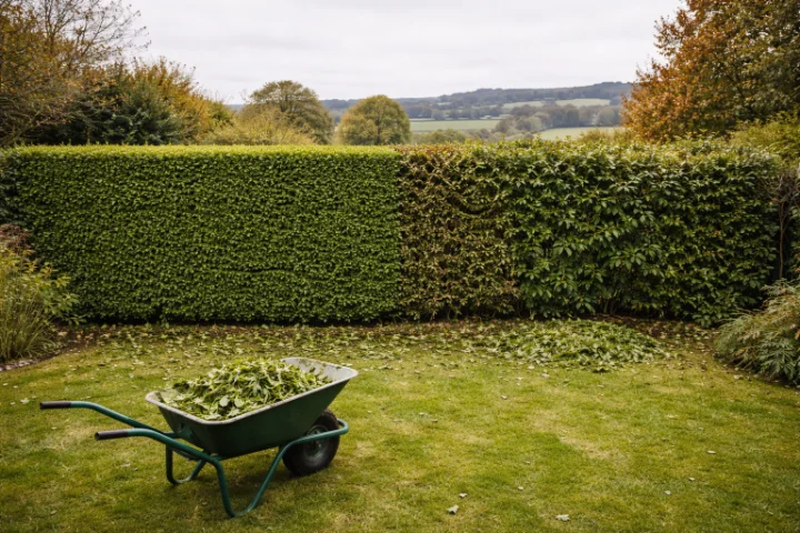 Tall boundary hedge being trimmed with a long-reach hedge trimmer in an East Devon garden