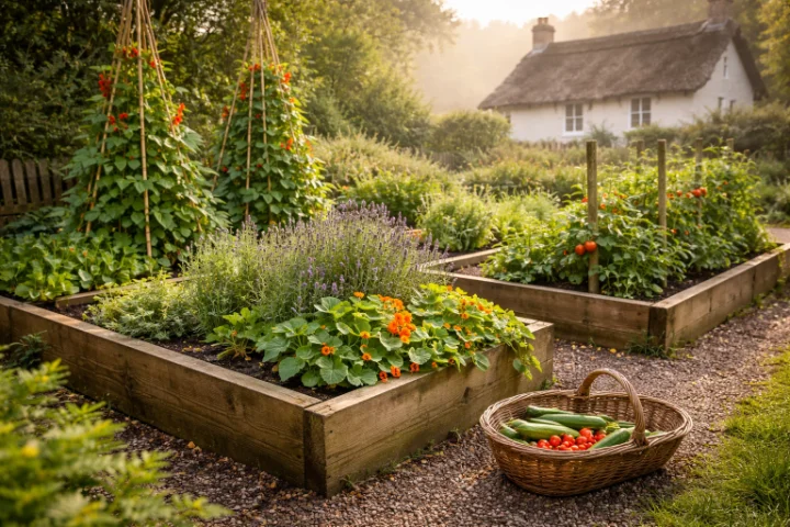 Kitchen garden with raised beds, runner beans on wigwams and herbs in a Devon cottage garden